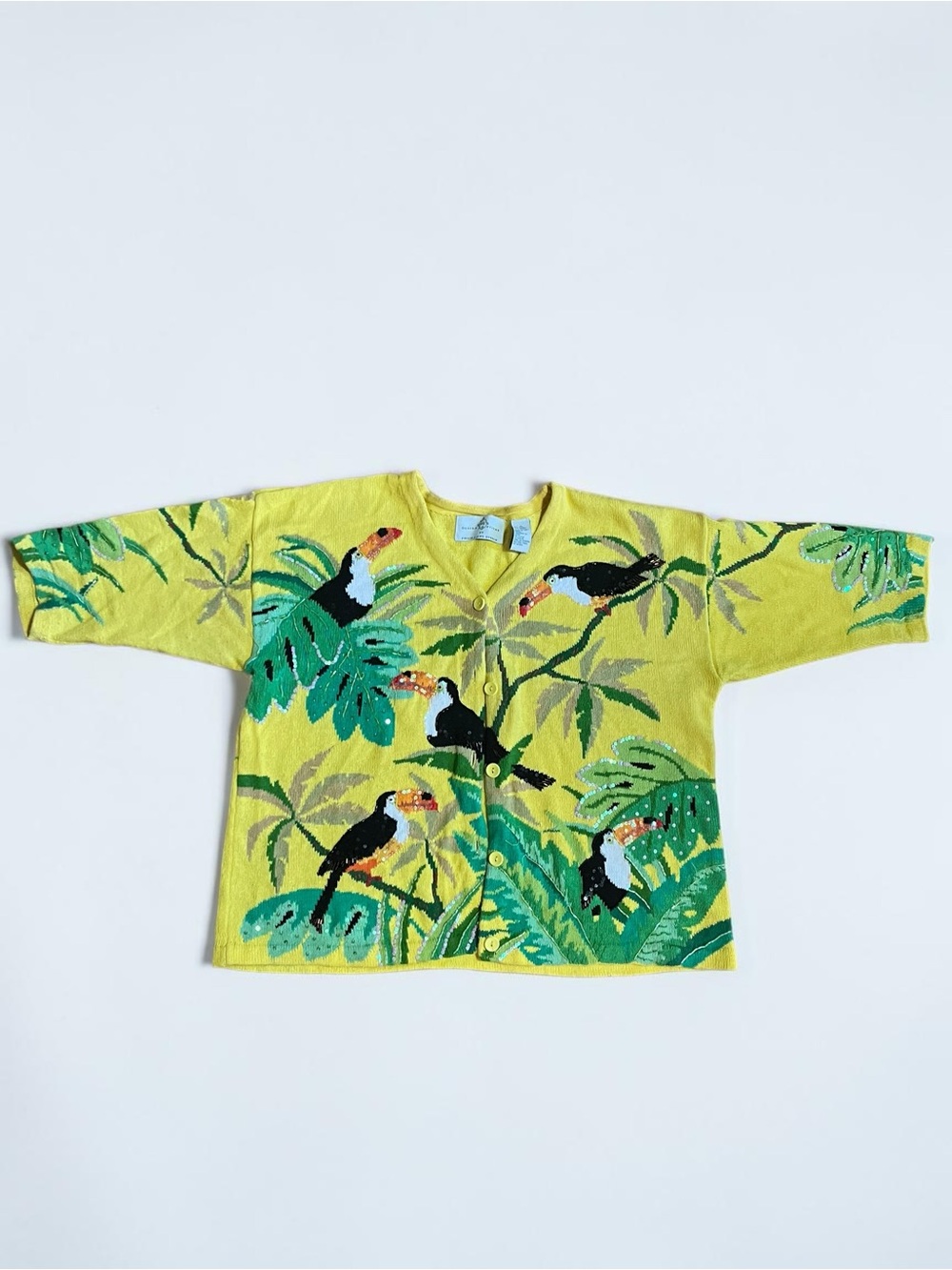 Vintage Philip & Jane Gordon Design Option Toucan Tropical Cardigan - Yellow XL